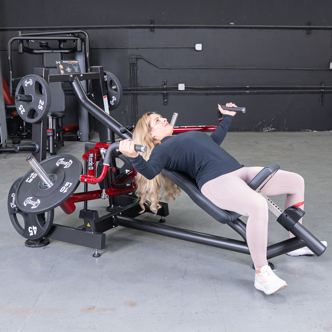 muscle d fitness commercial plate loaded power leverage v2 black and maroon incline pec fly machine with storage