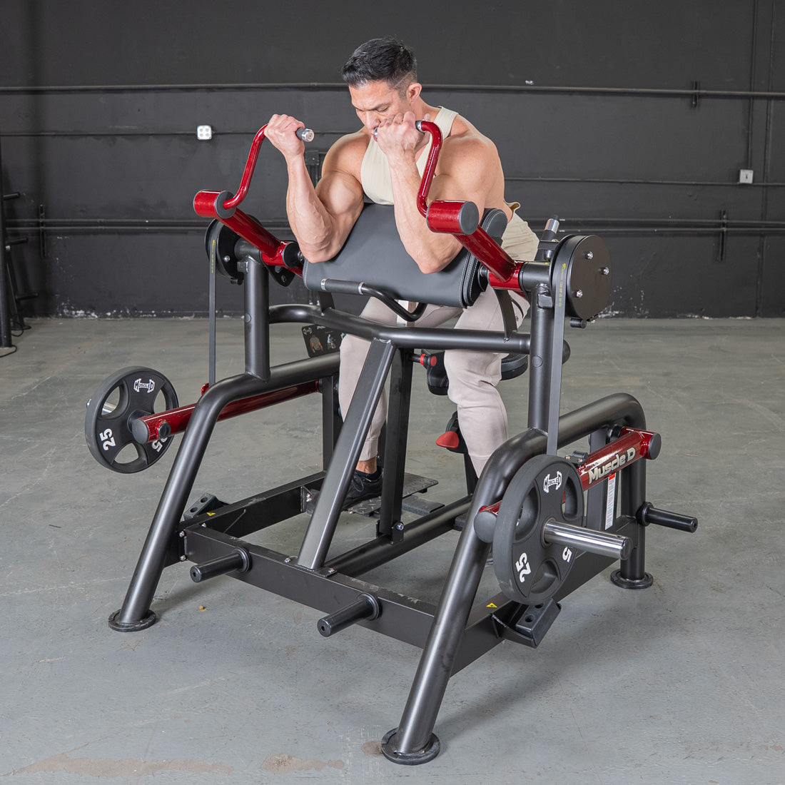 muscle d fitness commercial plate loaded black and maroon power leverage v2 iso lateral biceps curl machine detail