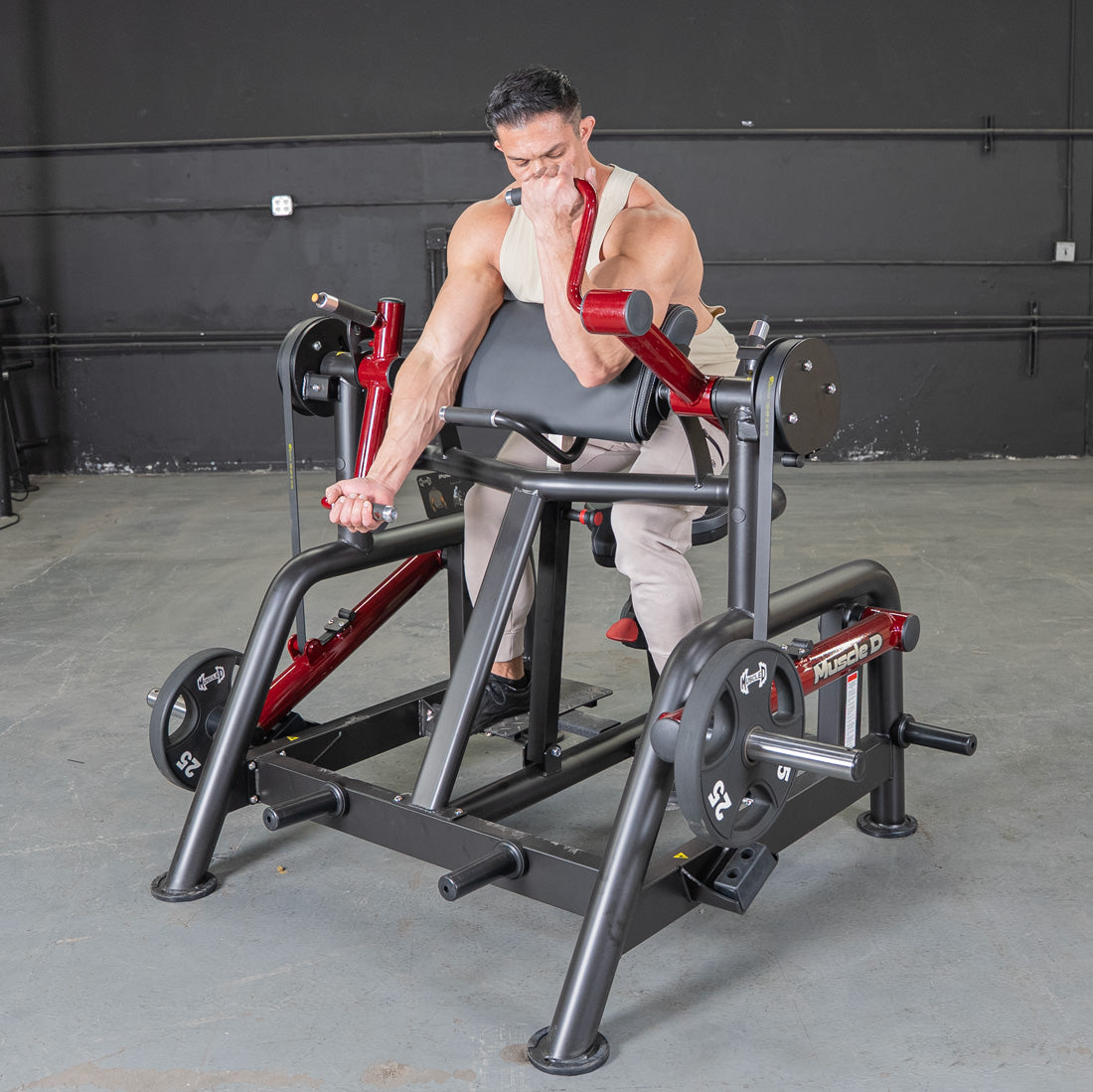 muscle d fitness commercial plate loaded black and maroon power leverage v2 iso lateral biceps curl machine