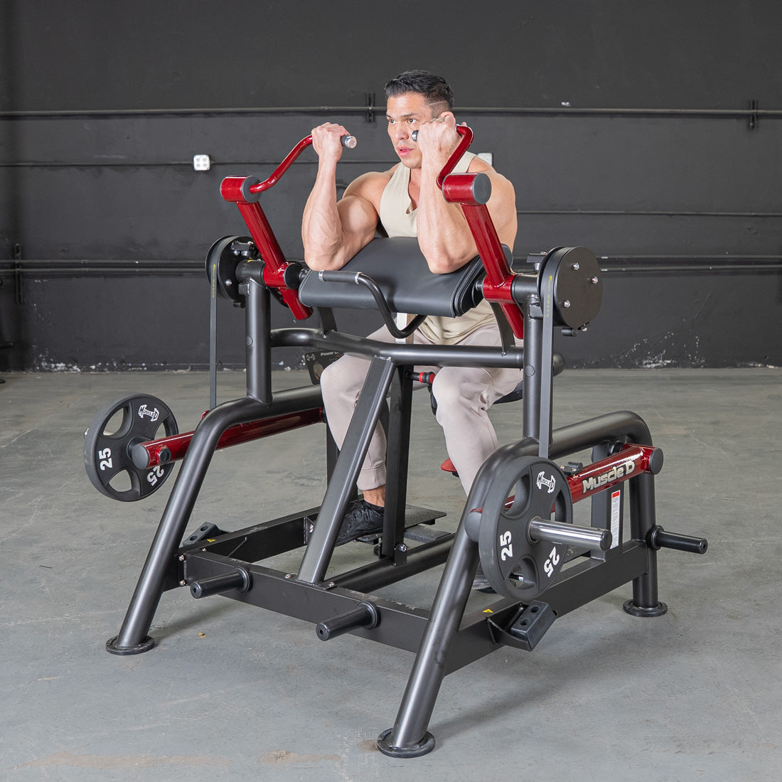 muscle d fitness commercial plate loaded black and maroon power leverage v2 iso lateral biceps curl machine