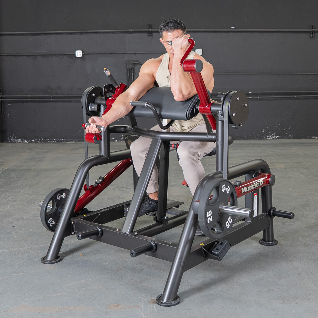 muscle d fitness commercial plate loaded black and maroon power leverage v2 iso lateral biceps curl machine