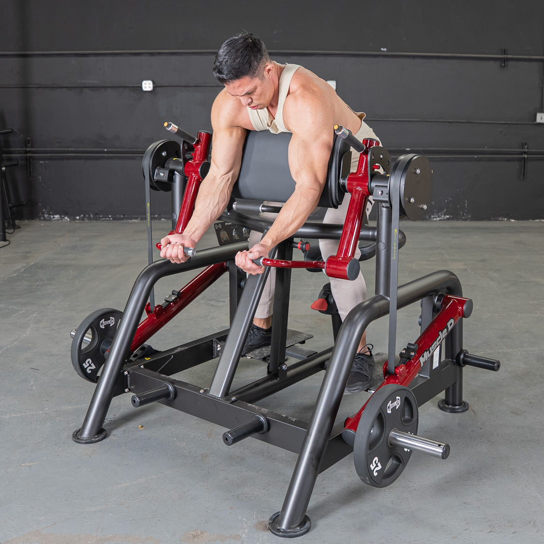 muscle d fitness commercial plate loaded black and maroon power leverage v2 iso lateral biceps curl machine