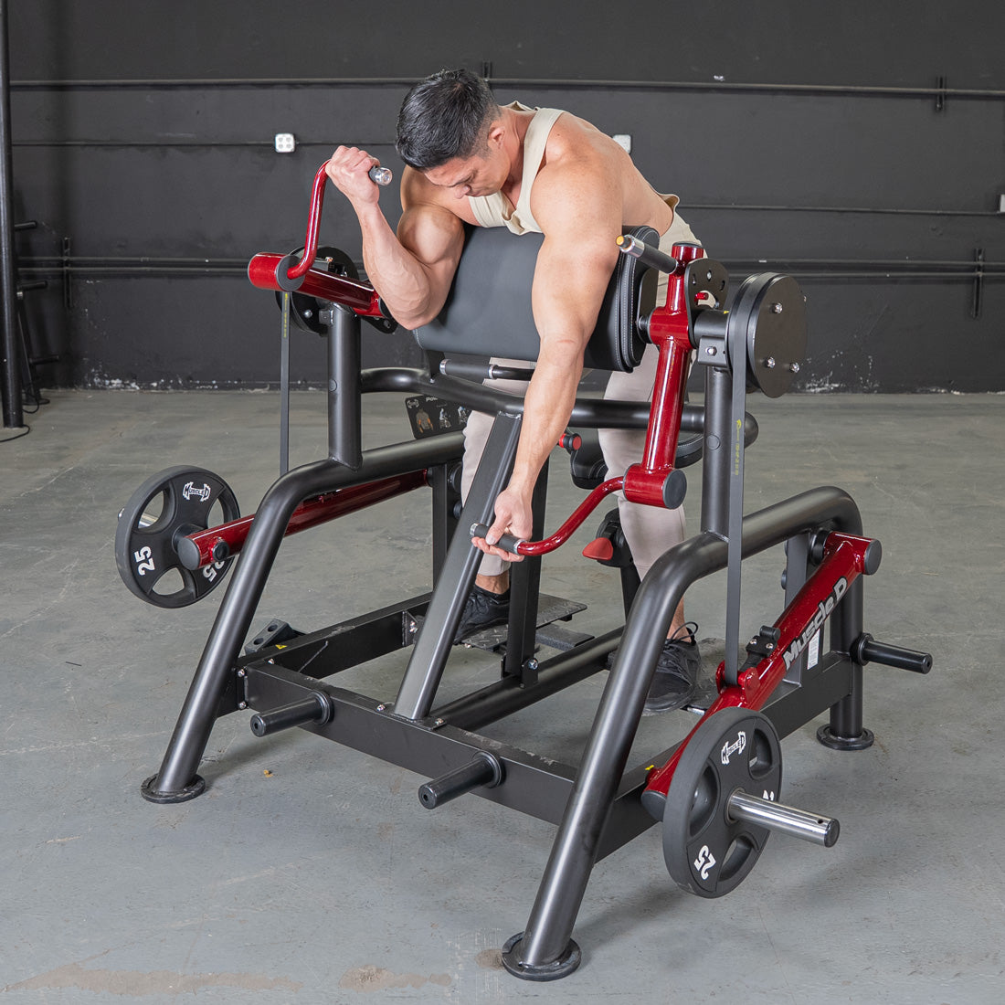 muscle d fitness commercial plate loaded black and maroon power leverage v2 iso lateral biceps curl machine