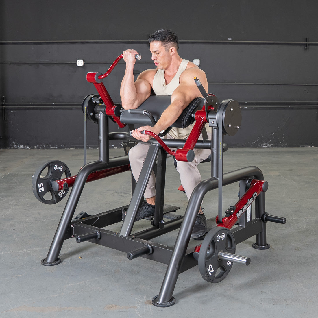 muscle d fitness commercial plate loaded black and maroon power leverage v2 iso lateral biceps curl machine