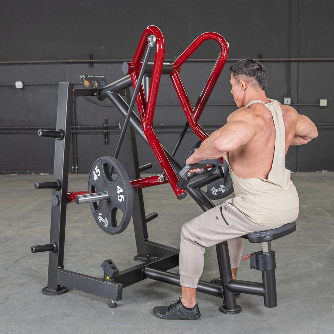 muscle d fitness commercial plate loaded black and maroon power leverage v2iso lateral low row machine