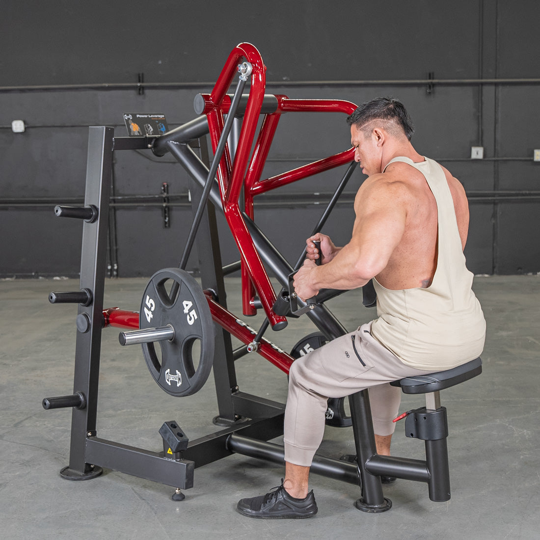 muscle d fitness commercial plate loaded black and maroon power leverage v2iso lateral low row machine