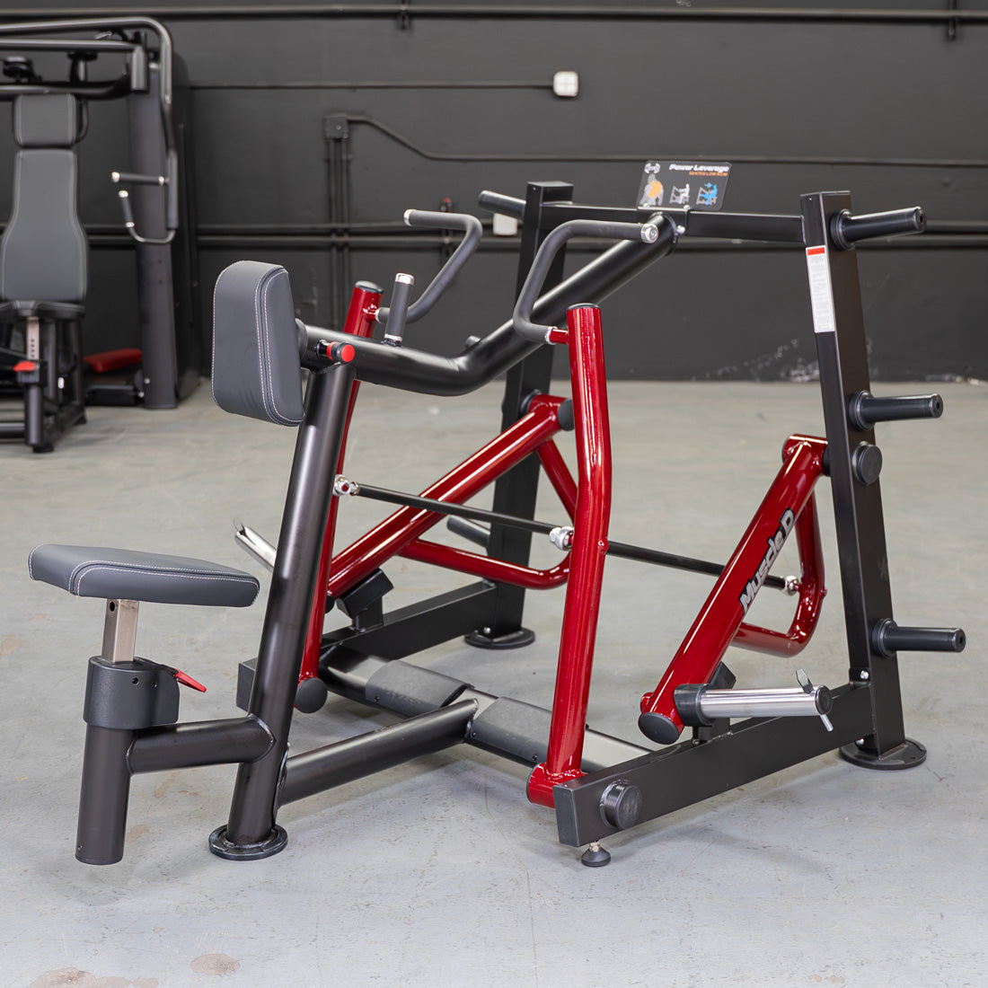 muscle d fitness commercial plate loaded power leverage v2 black and maroon iso-lateral seated row machine