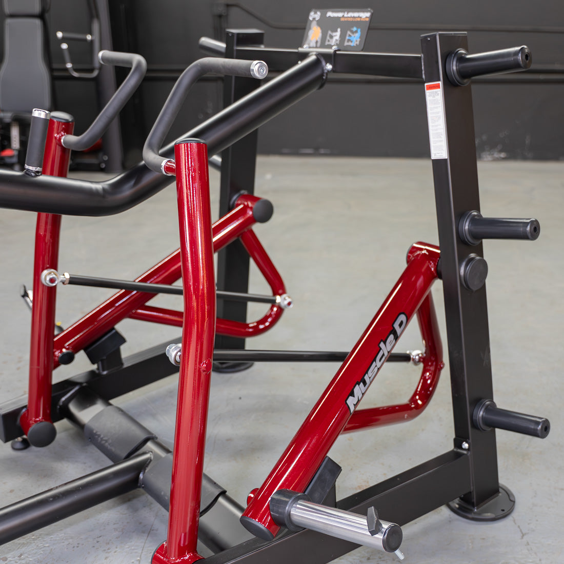muscle d fitness commercial plate loaded power leverage v2 black and maroon iso-lateral seated row machine detail