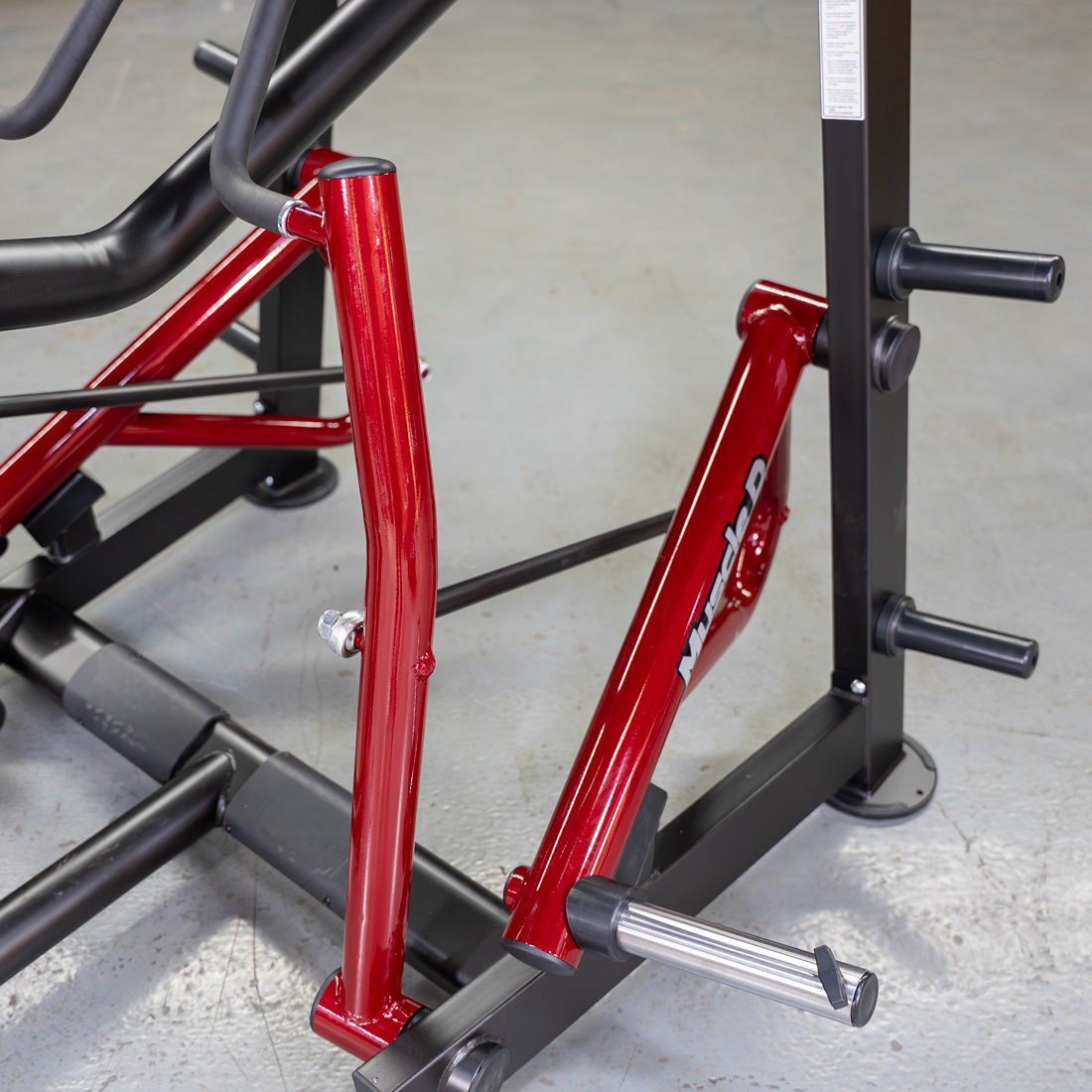 muscle d fitness commercial plate loaded power leverage v2 black and maroon iso-lateral seated row machine detail