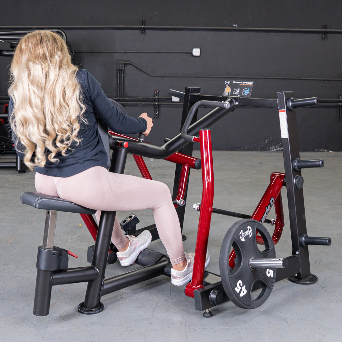 muscle d fitness commercial plate loaded power leverage v2 black and maroon iso-lateral seated row machine