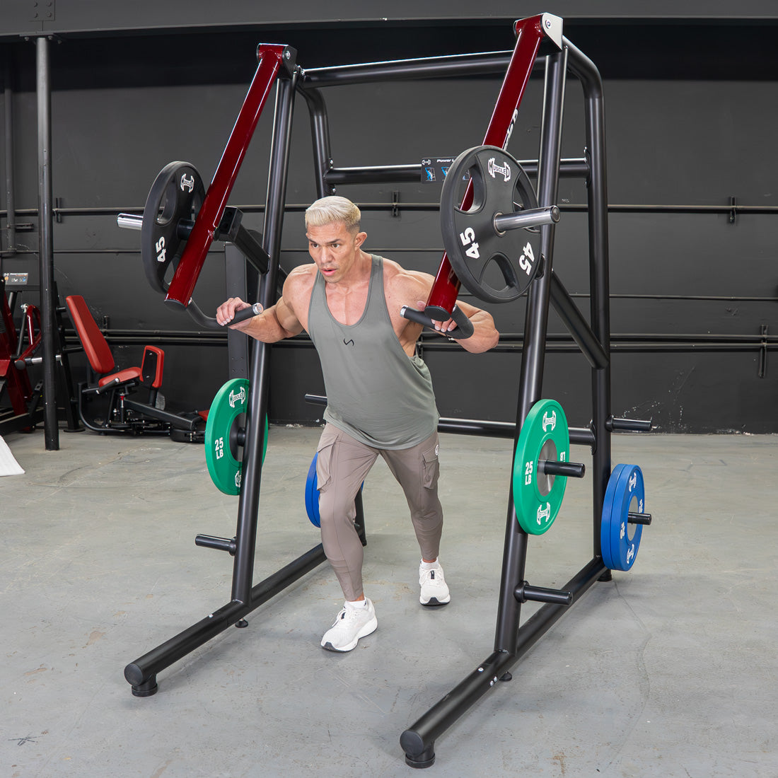 muscle d fitness commercial plate loaded black and maroon power leverage v2 iso lateral jammer machine