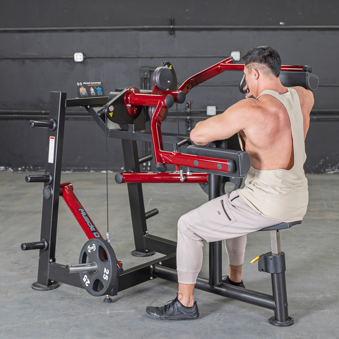 muscle d fitness commercial plate loaded black and maroon power leverage v2 iso lateral raise machine