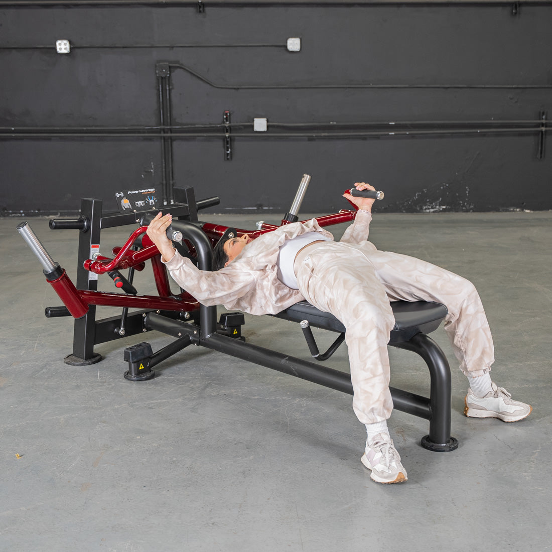 muscle d fitness commercial plate loaded black and maroon power leverage v2 lying pec fly machine