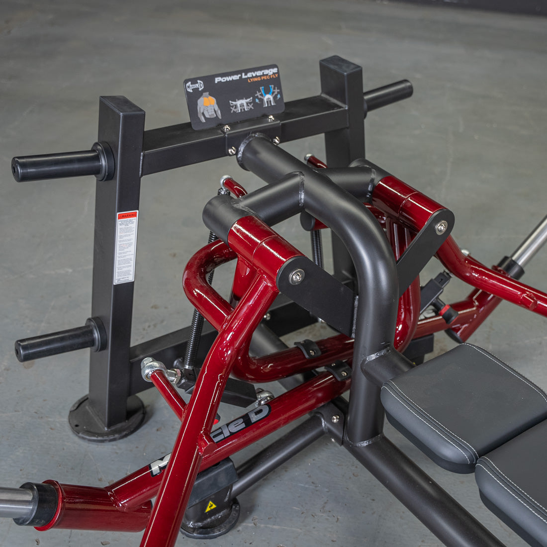 muscle d fitness commercial plate loaded black and maroon power leverage v2 lying pec fly machine detail