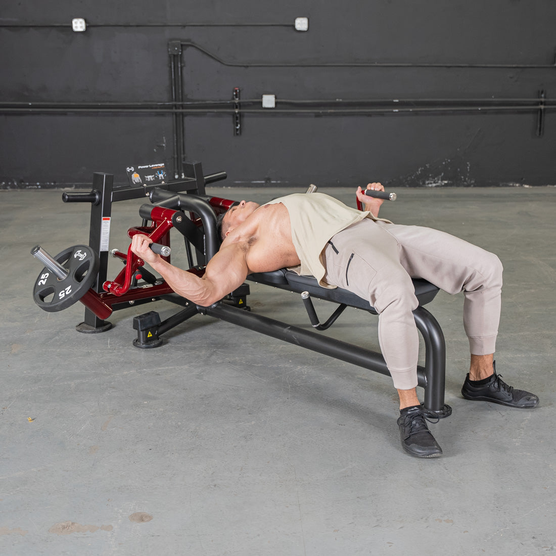 muscle d fitness commercial plate loaded black and maroon power leverage v2 lying pec fly machine