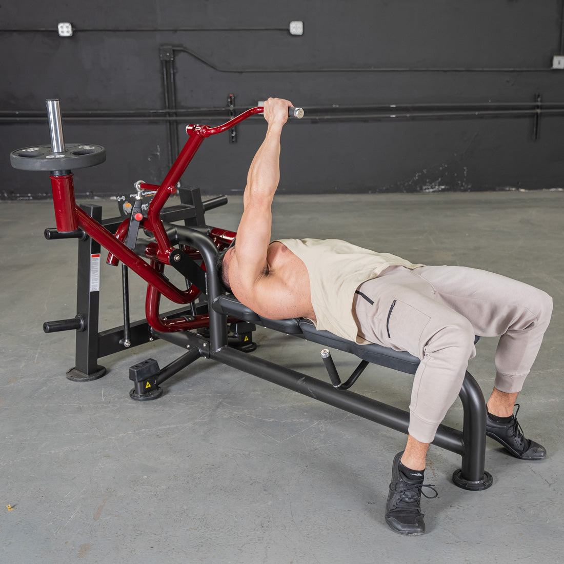 muscle d fitness commercial plate loaded black and maroon power leverage v2 lying pec fly machine