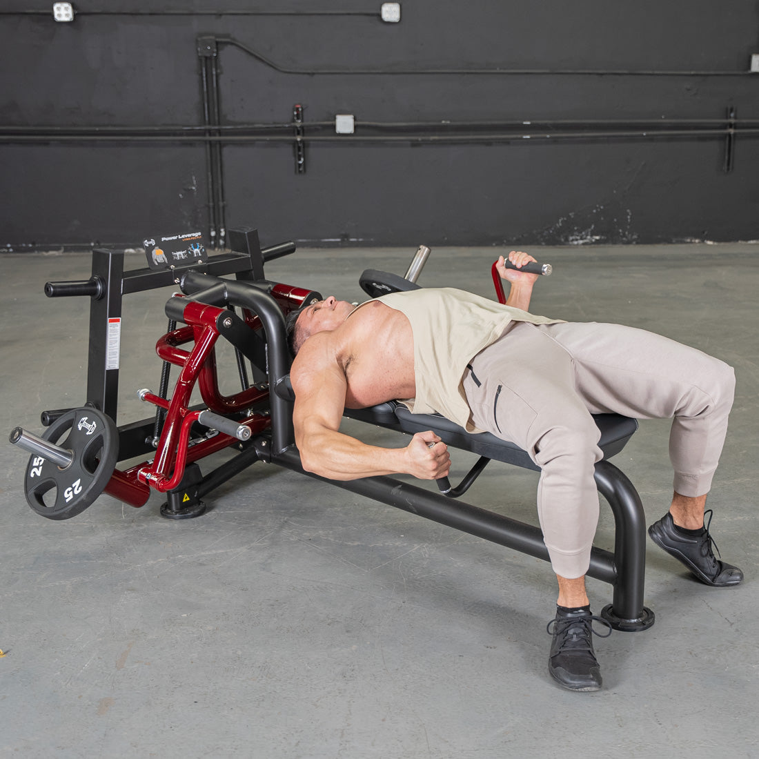 muscle d fitness commercial plate loaded black and maroon power leverage v2 lying pec fly machine