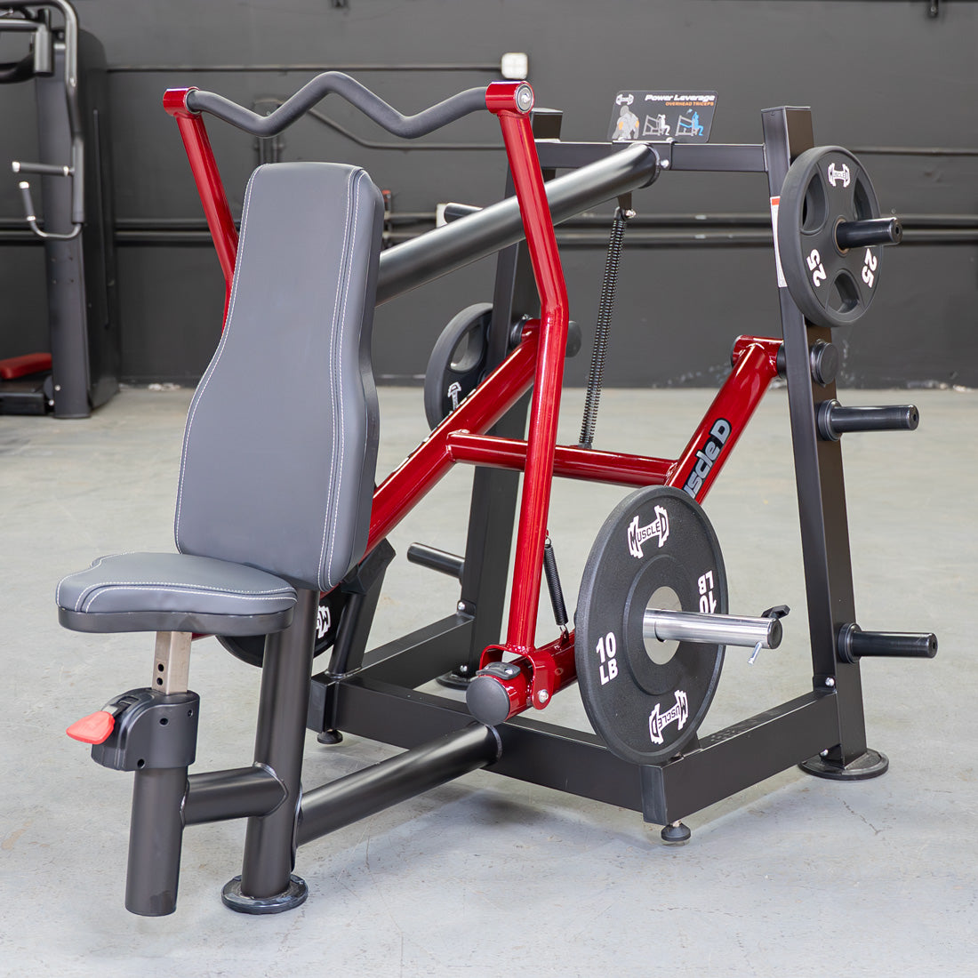 muscle d fitness commercial plate loaded power leverage v2 black and maroon overhead triceps machine detail
