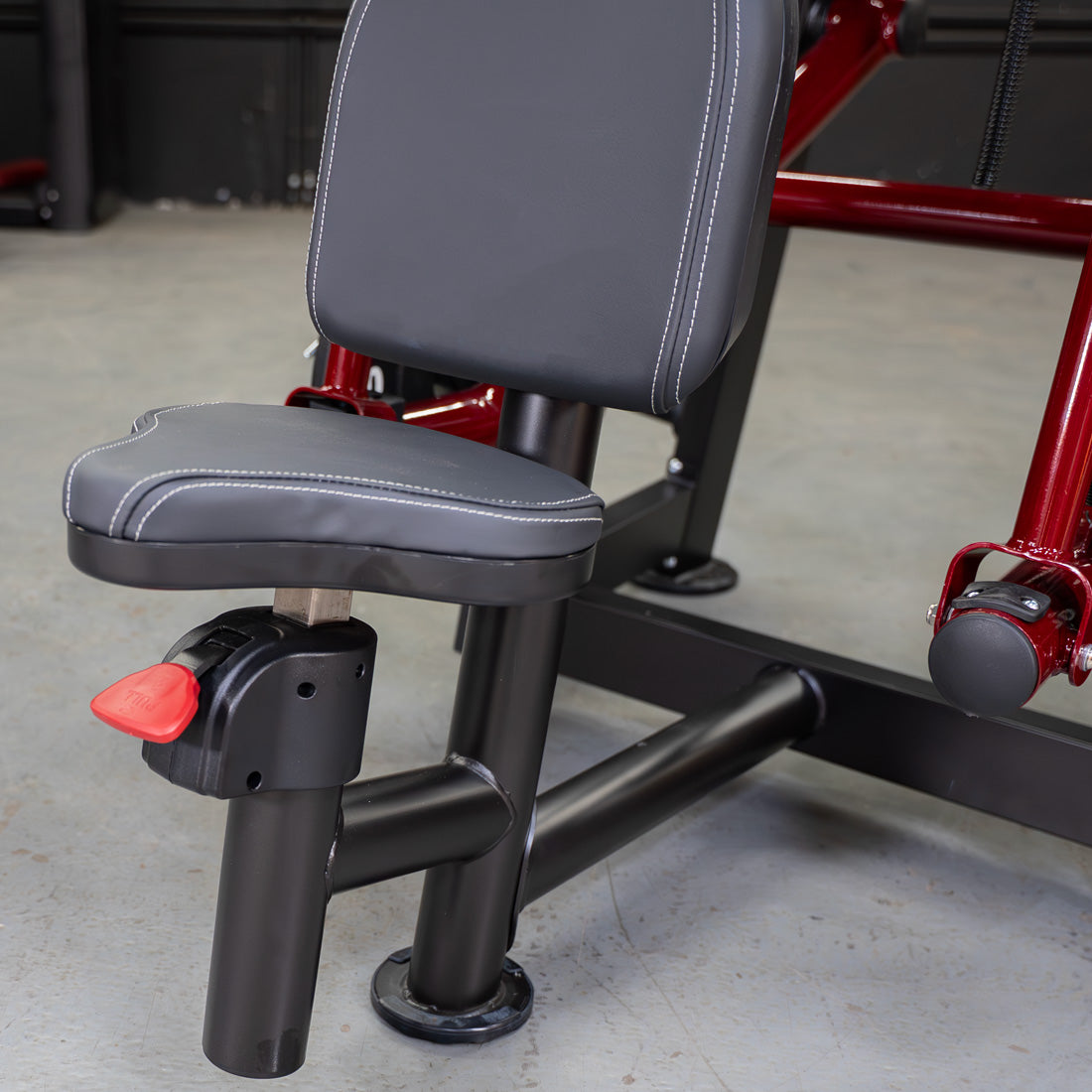 muscle d fitness commercial plate loaded power leverage v2 black and maroon overhead triceps machine detail