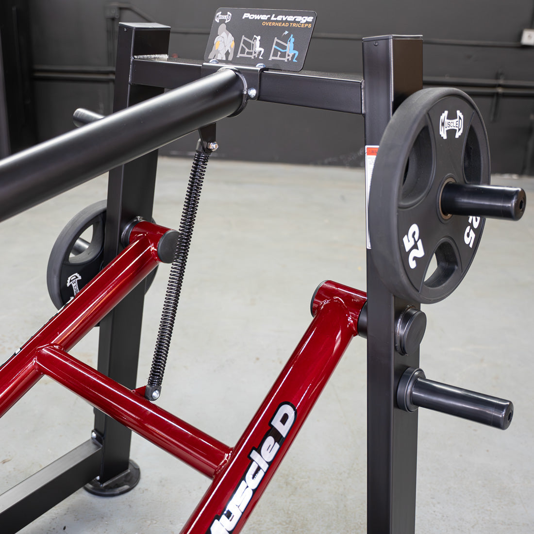 muscle d fitness commercial plate loaded power leverage v2 black and maroon overhead triceps machine detail