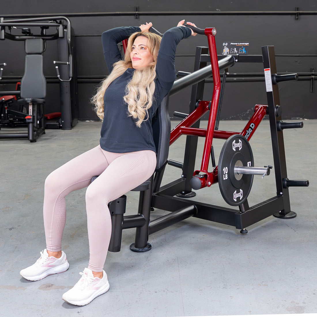 muscle d fitness commercial plate loaded power leverage v2 black and maroon overhead triceps machine with weight storage