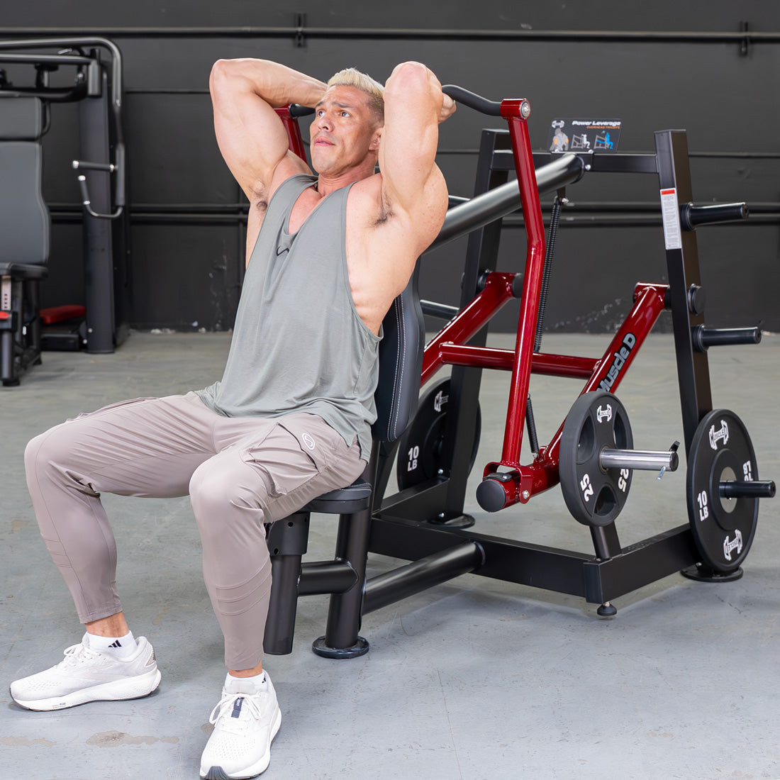 muscle d fitness commercial plate loaded power leverage v2 black and maroon overhead triceps machine with weight storage