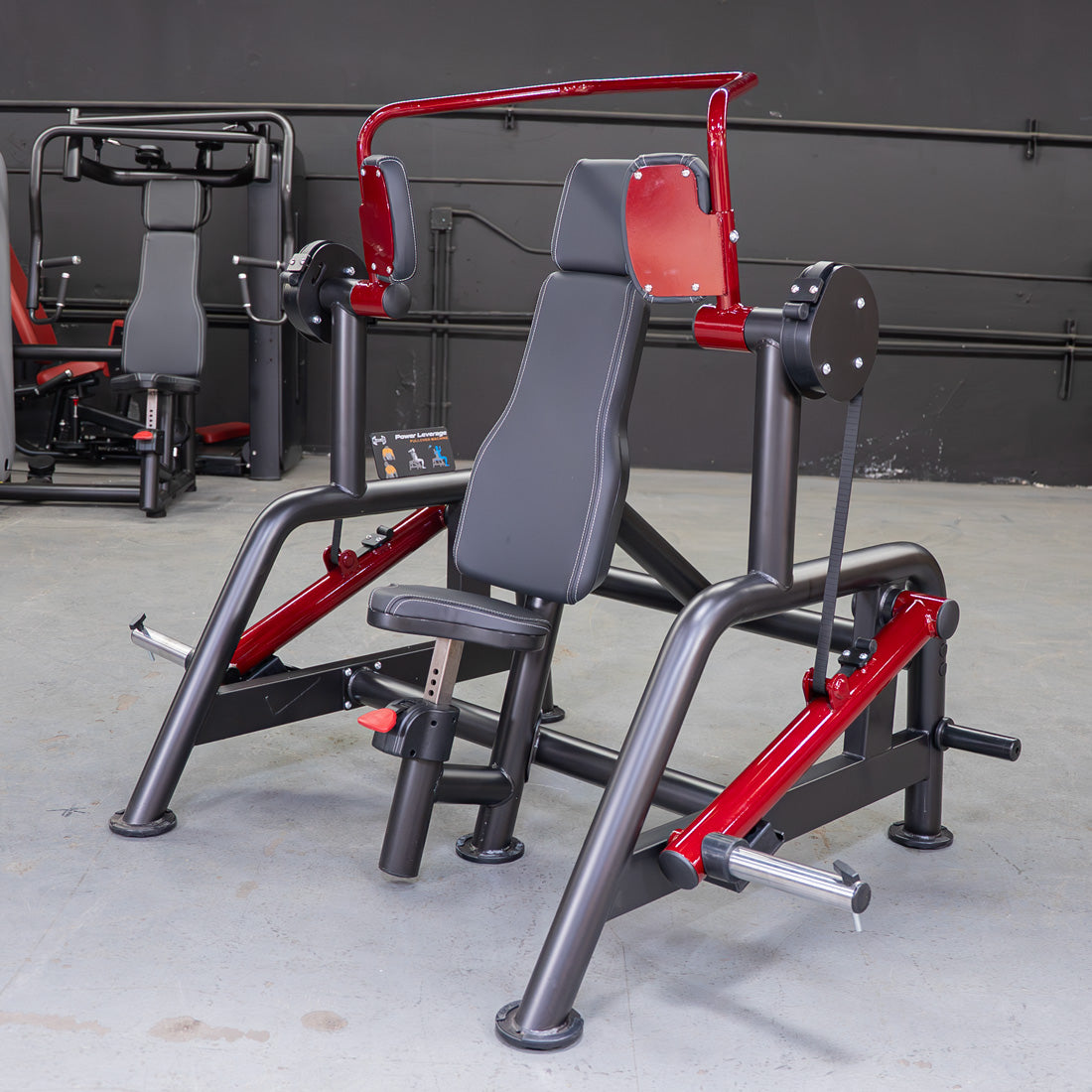 muscle d fitness commercial plate loaded power leverage v2 black and maroon pull-over machine with storage