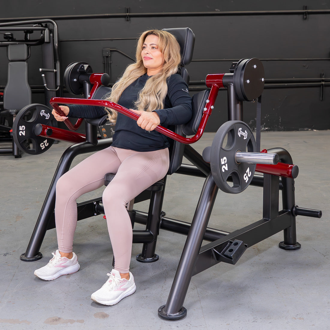 muscle d fitness commercial plate loaded power leverage v2 black and maroon pull-over machine with storage