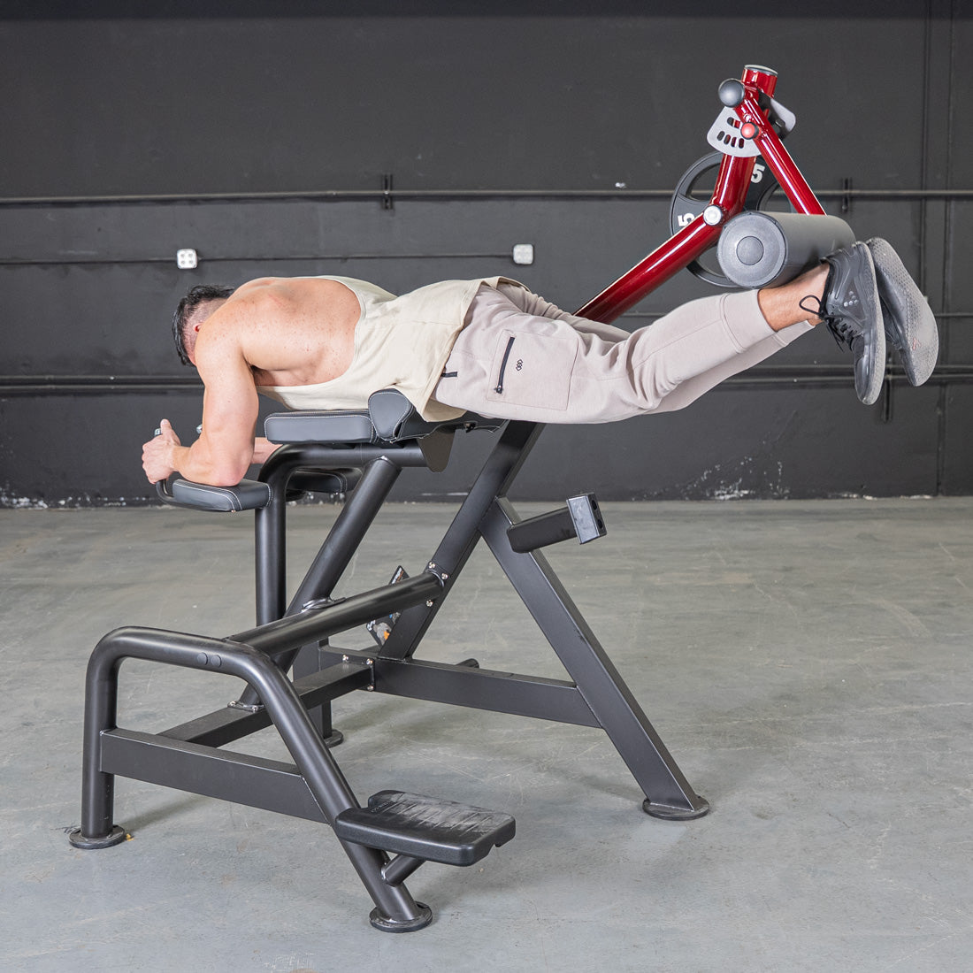 muscle d fitness commercial plate loaded black and maroon power leverage v2 reverse hyper machine