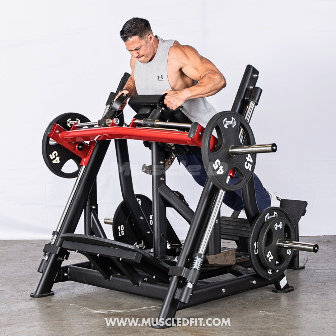 Man using a Pro Strength Linear Bearing Row machine in a gym setting with a white background