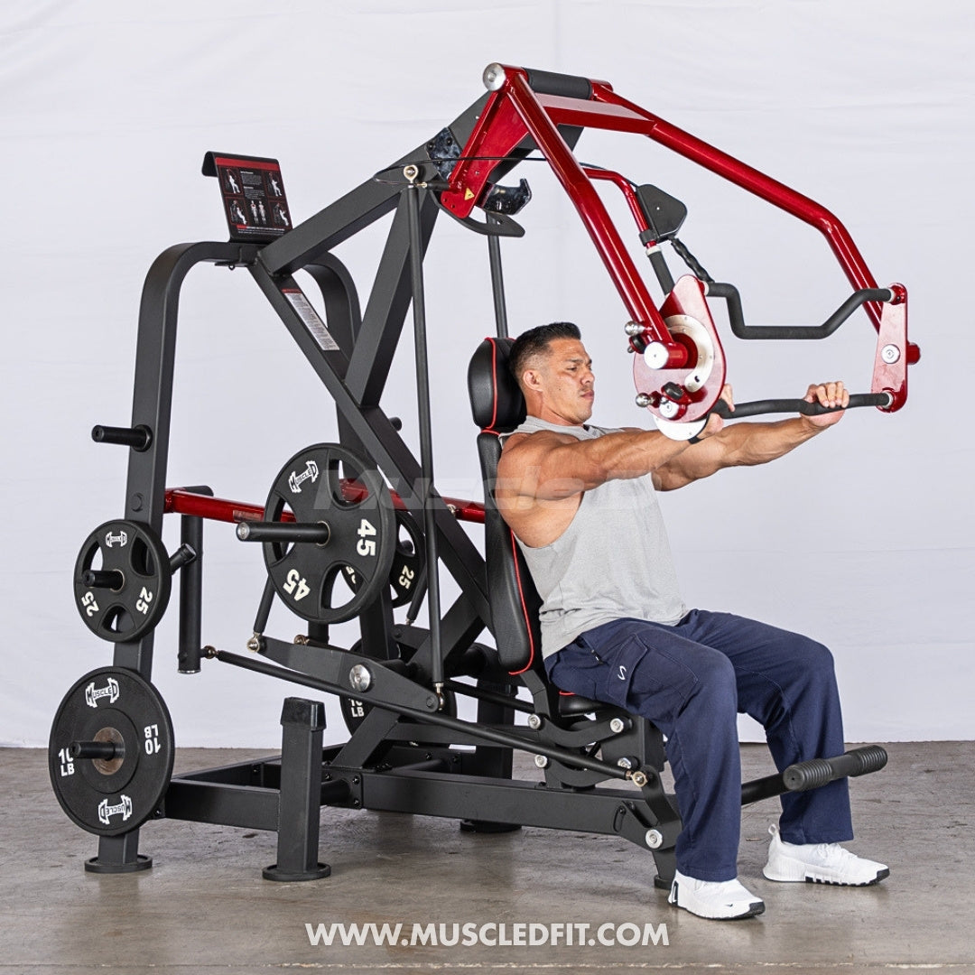 Man using a Pro Strength Seated Multi-Press Bench machine with weights on a light gray background