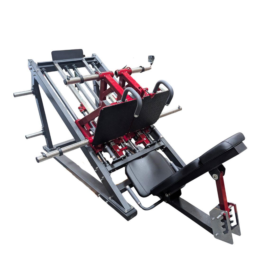 muscle d fitness commercial plate loaded pro strength black and maroon dual leg press machine