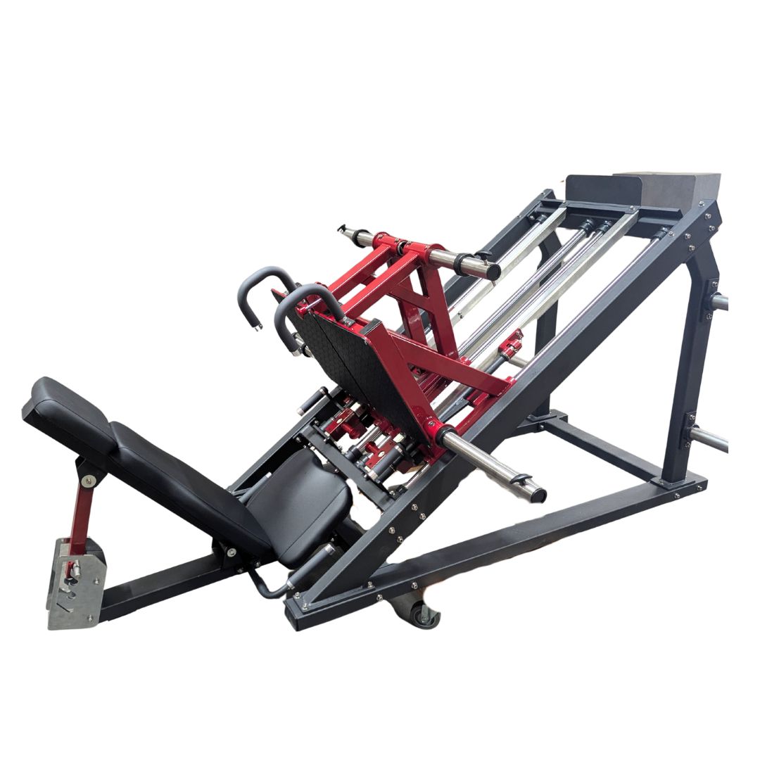 muscle d fitness commercial plate loaded pro strength black and maroon dual leg press machine