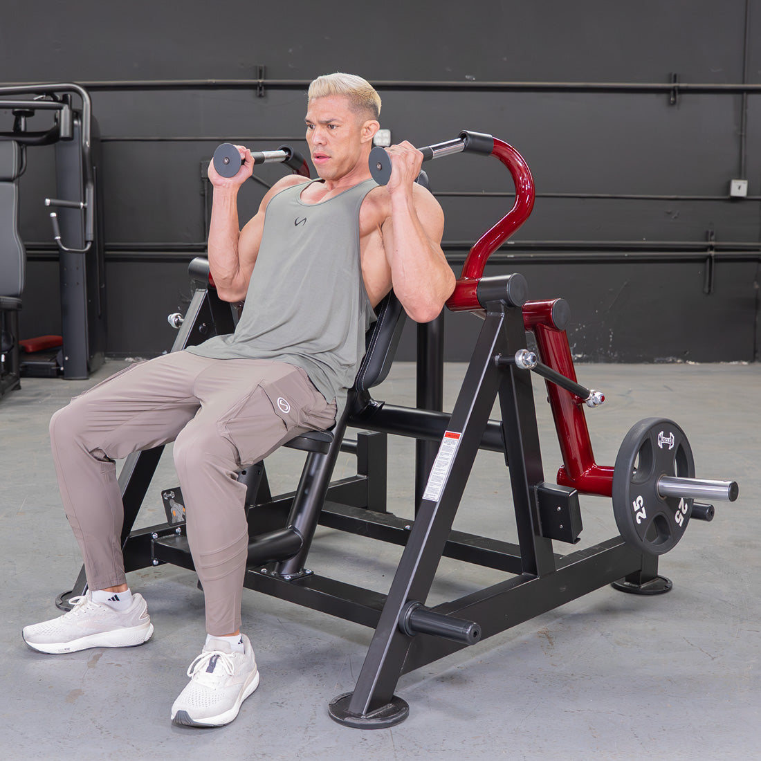 muscle d fitness commercial plate loaded power leverage v2 black and maroon hammer grip triceps machine with weight storage