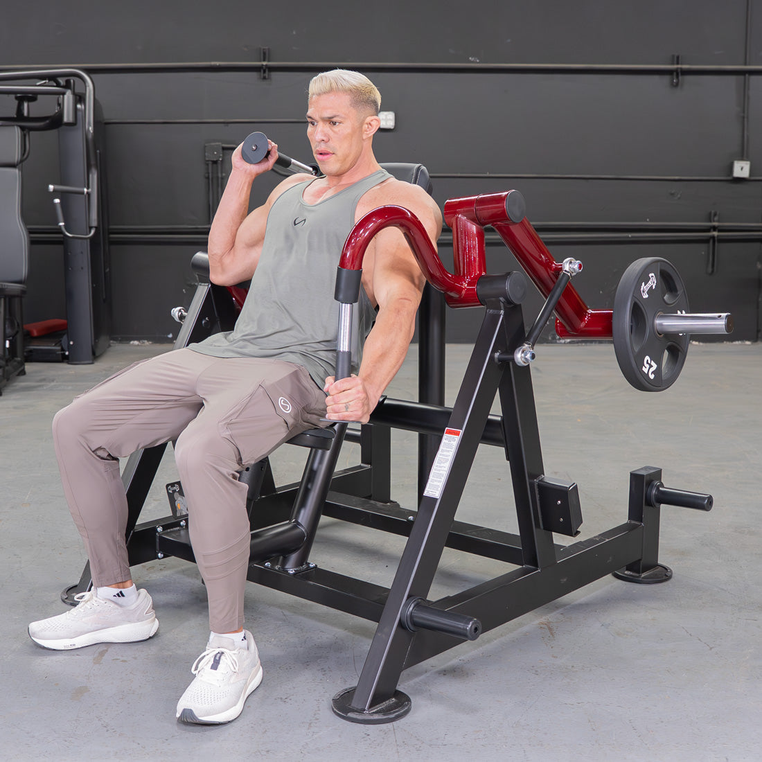 muscle d fitness commercial plate loaded power leverage v2 black and maroon hammer grip triceps machine with weight storage