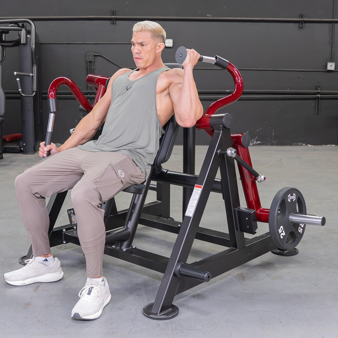 muscle d fitness commercial plate loaded power leverage v2 black and maroon hammer grip triceps machine with weight storage