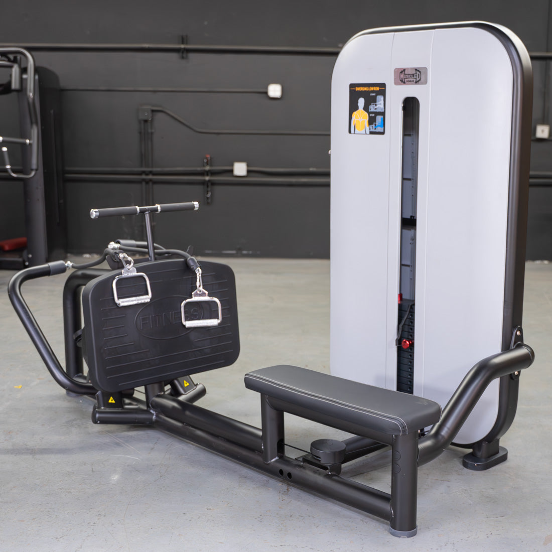 muscle d fitness commercial selectorized vogue black and light grey diverging low row machine