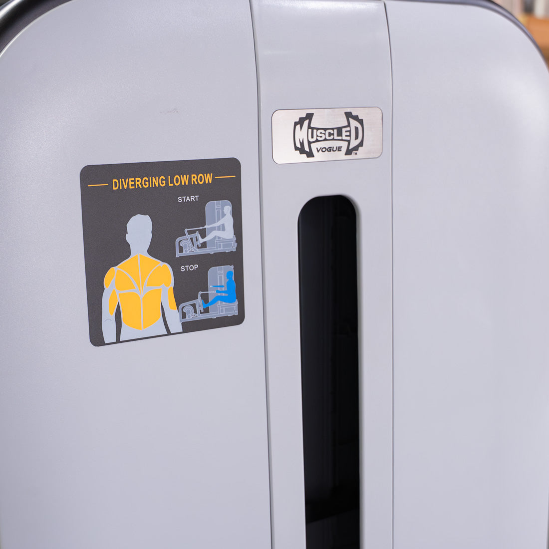 muscle d fitness commercial selectorized vogue black and light grey diverging low row machine detail