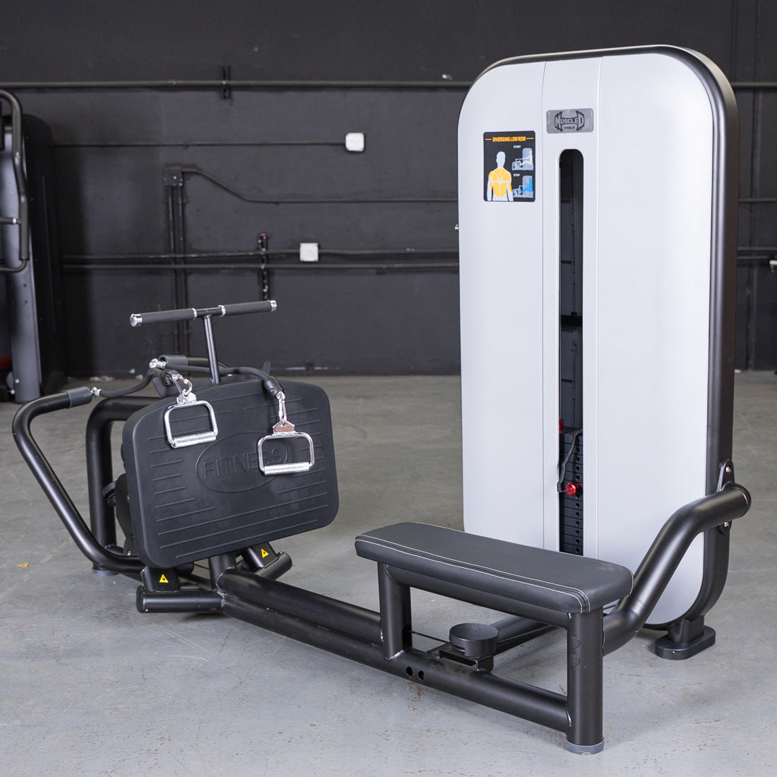 muscle d fitness commercial selectorized vogue black and light grey diverging low row machine
