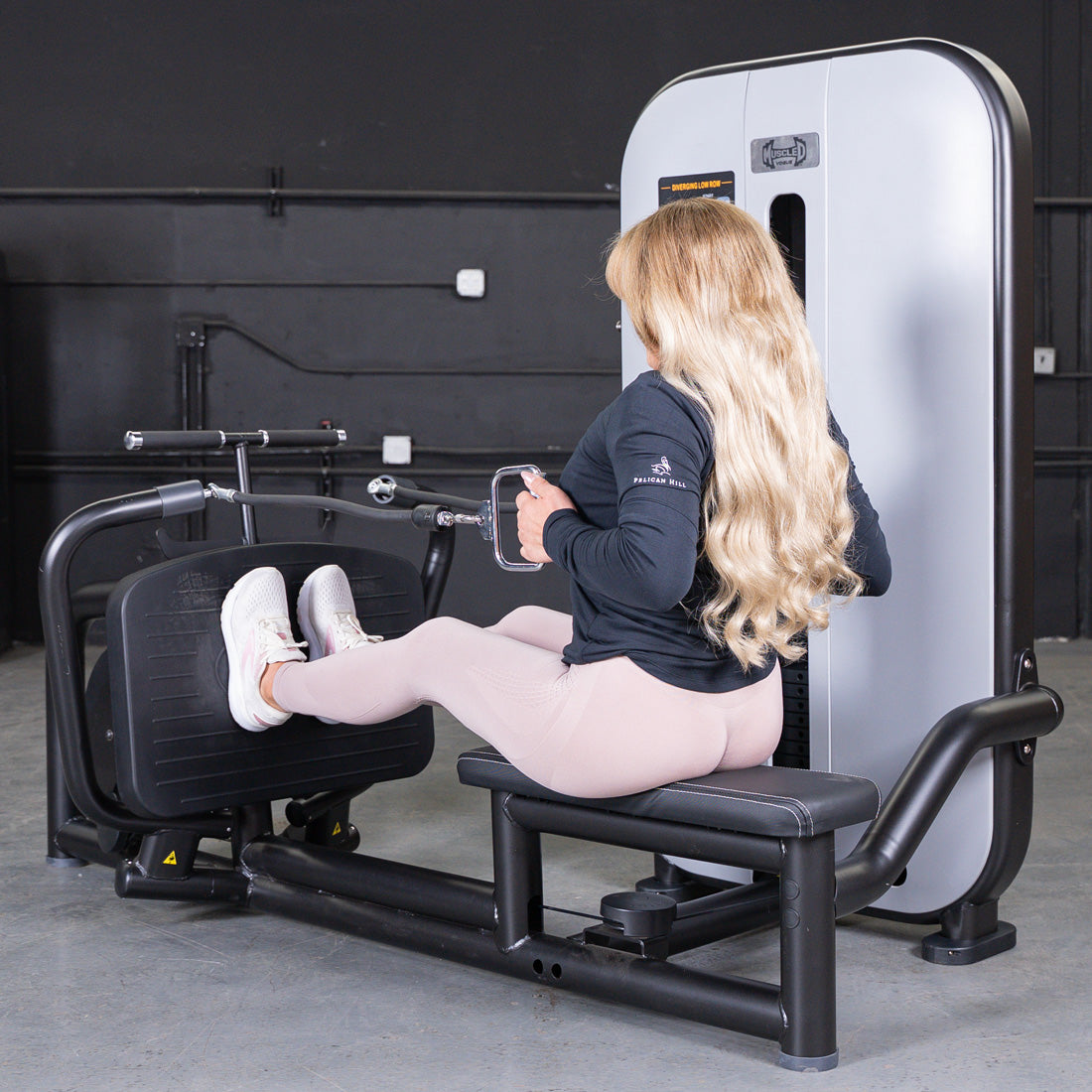 muscle d fitness commercial selectorized vogue black and light grey diverging low row machine