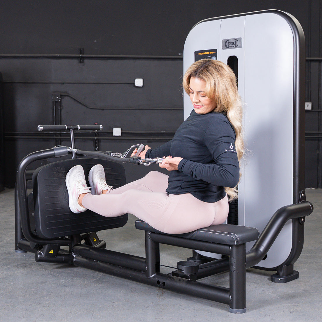 muscle d fitness commercial selectorized vogue black and light grey diverging low row machine