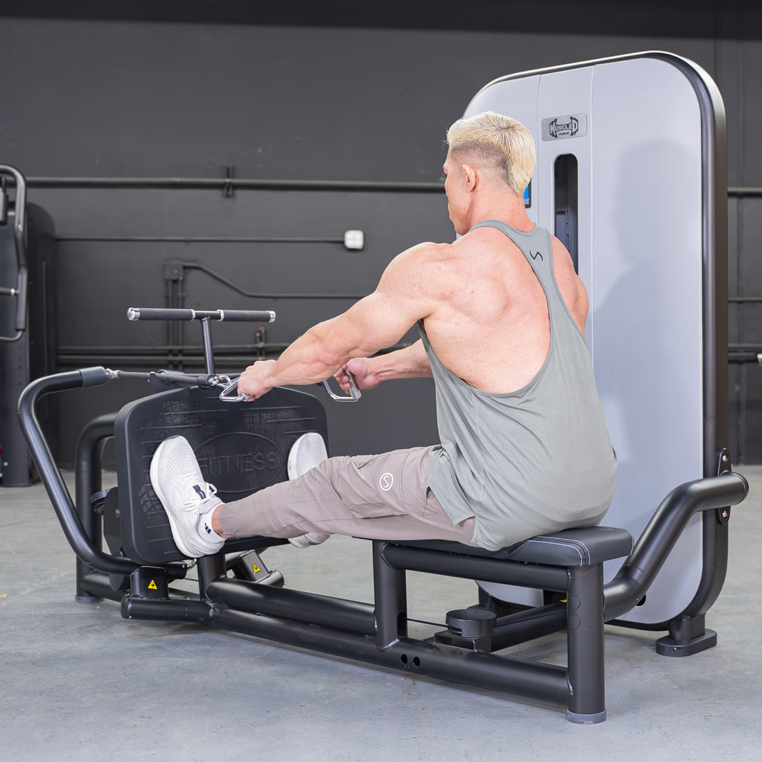 muscle d fitness commercial selectorized vogue black and light grey diverging low row machine