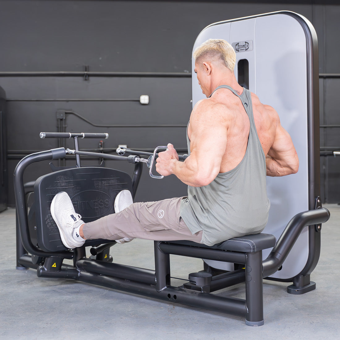 muscle d fitness commercial selectorized vogue black and light grey diverging low row machine