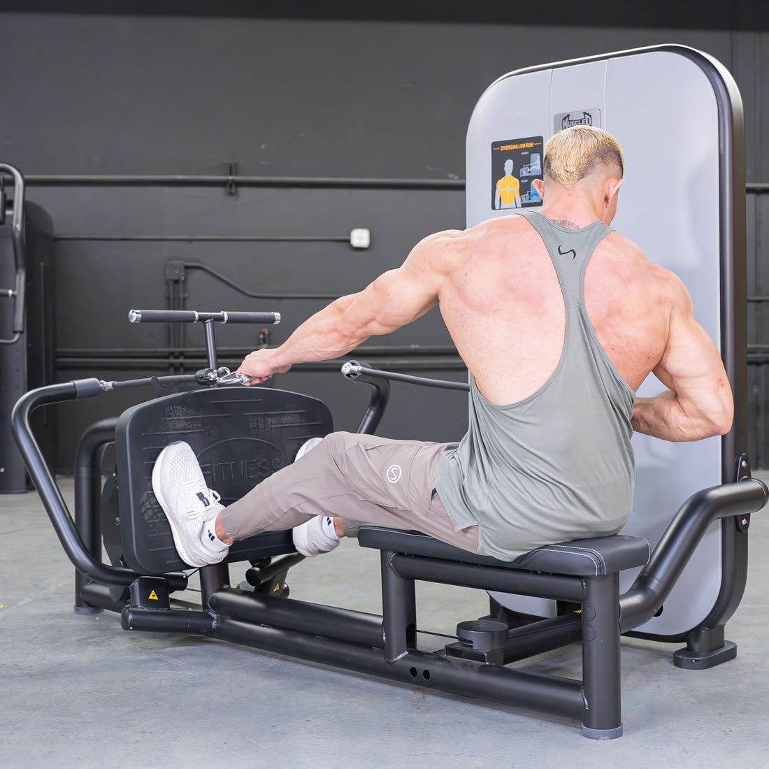 muscle d fitness commercial selectorized vogue black and light grey diverging low row machine