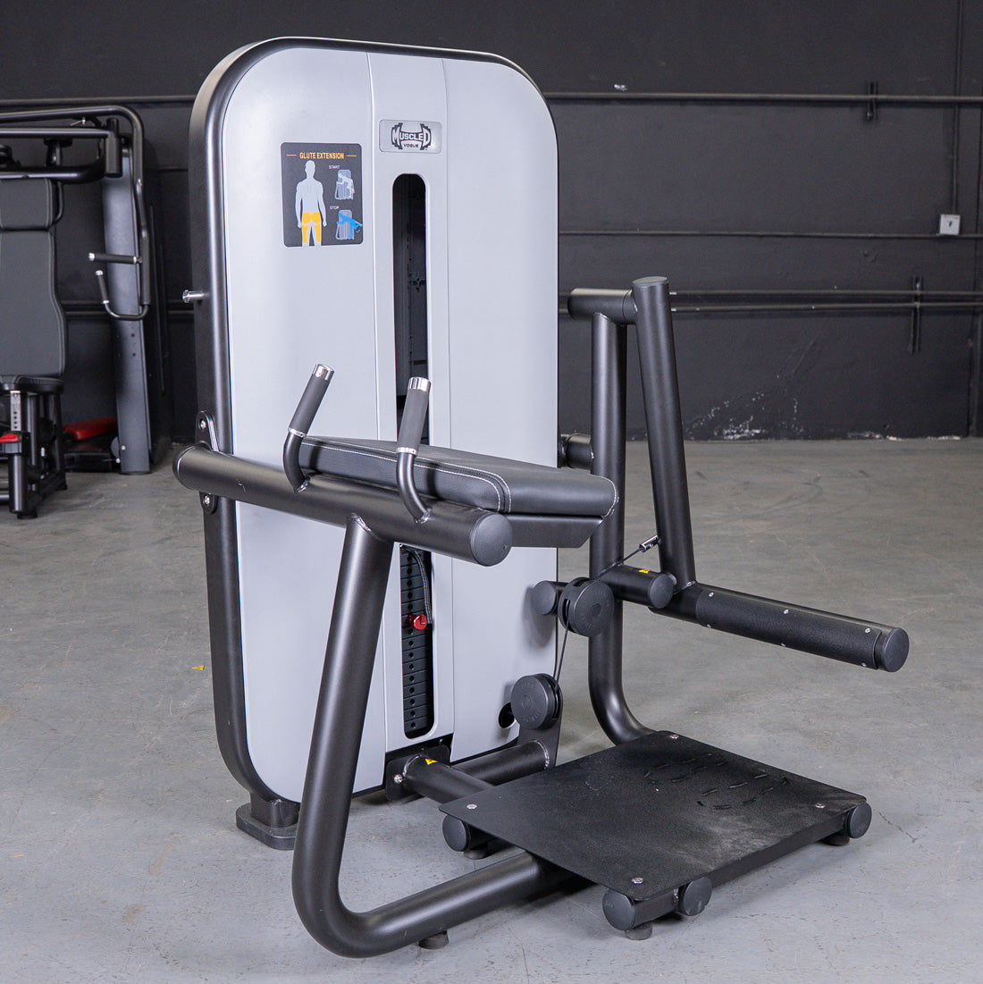muscle d fitness commercial selectorized vogue black and light grey glute extension machine