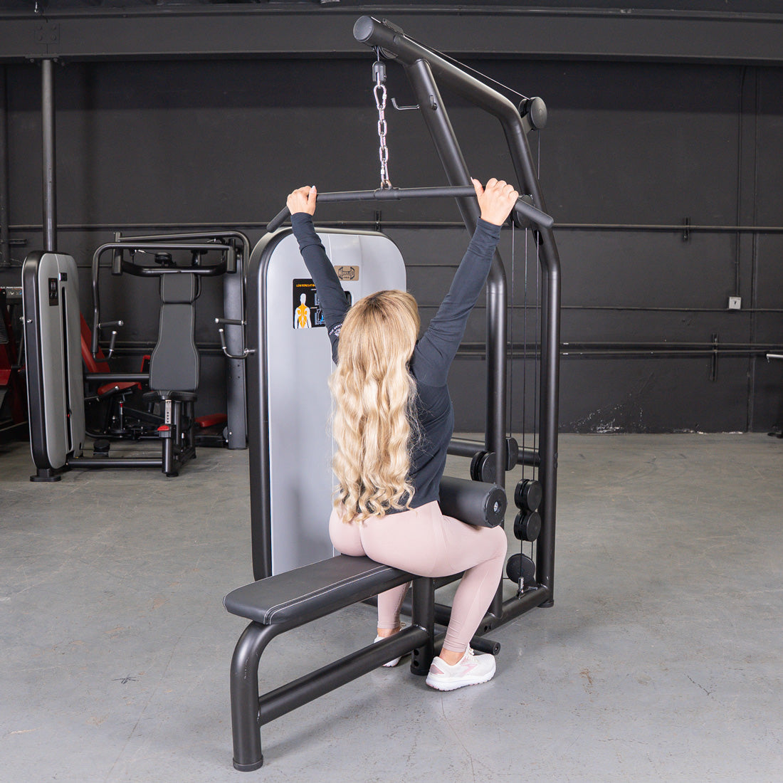 muscle d fitness commercial selectorized vogue black and light grey lat low row combo machine