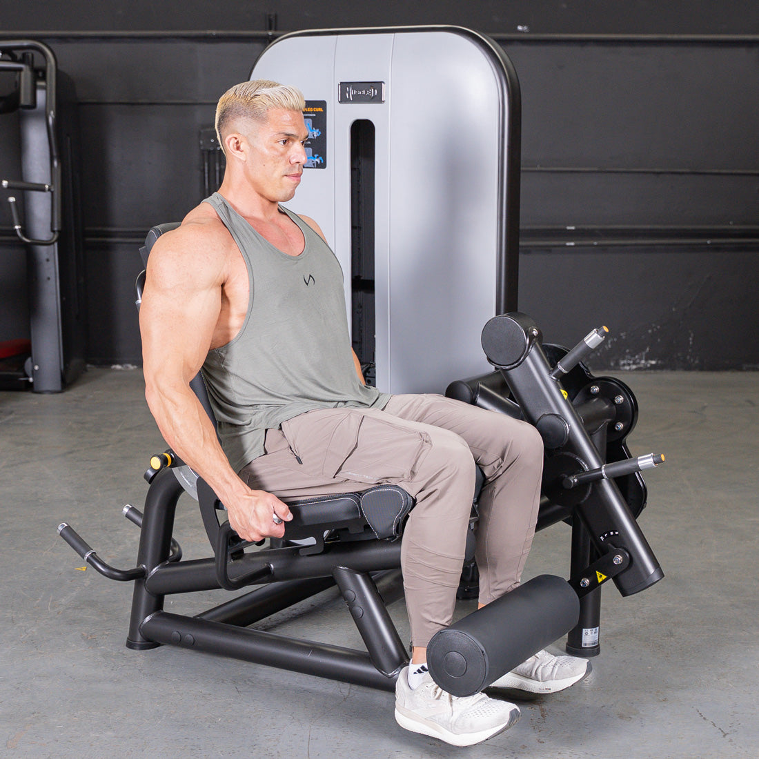 muscle d fitness commercial selectorized vogue black and light grey leg extension prone leg curl combo machine