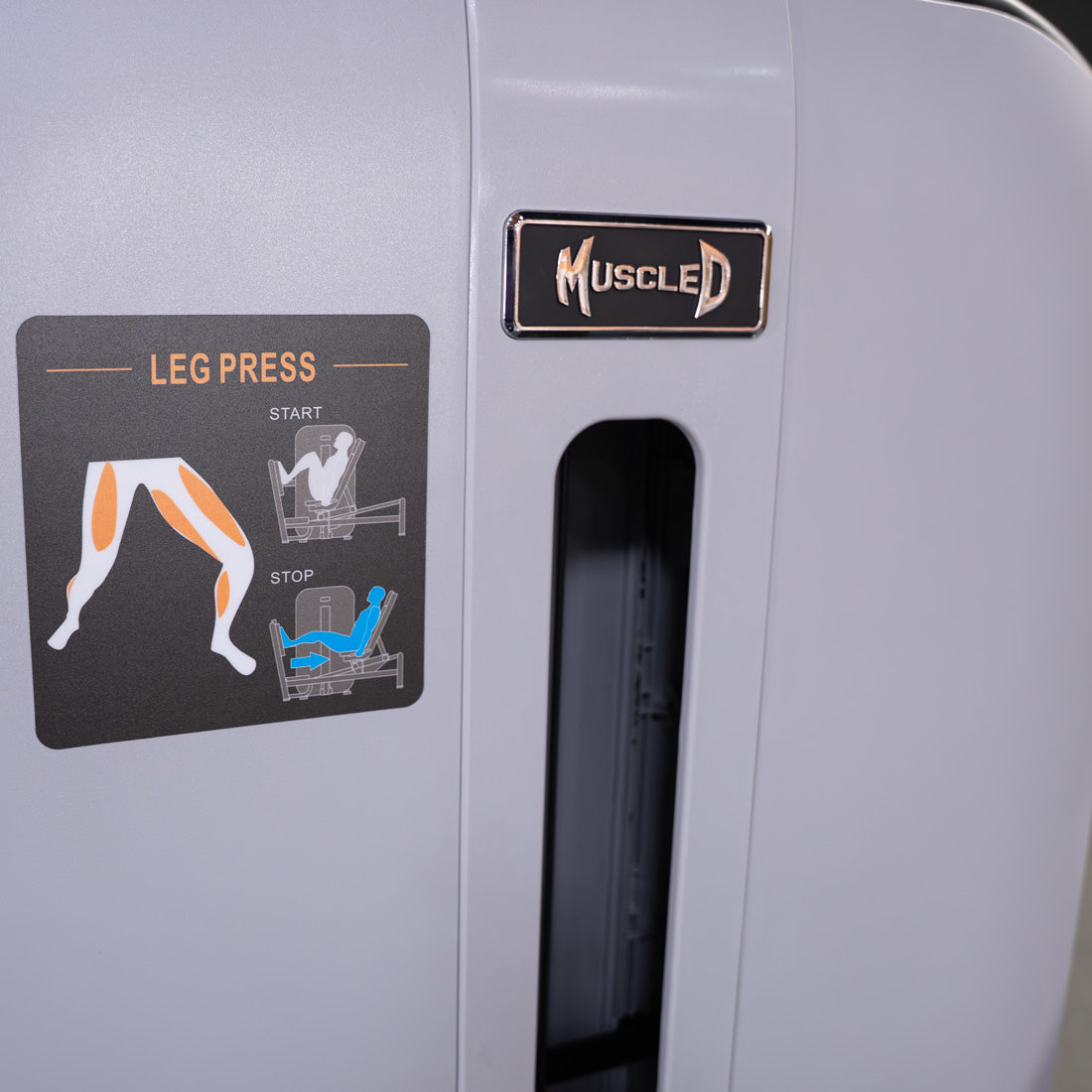 muscle d fitness commercial selectorized vogue black and light grey leg press machine detail