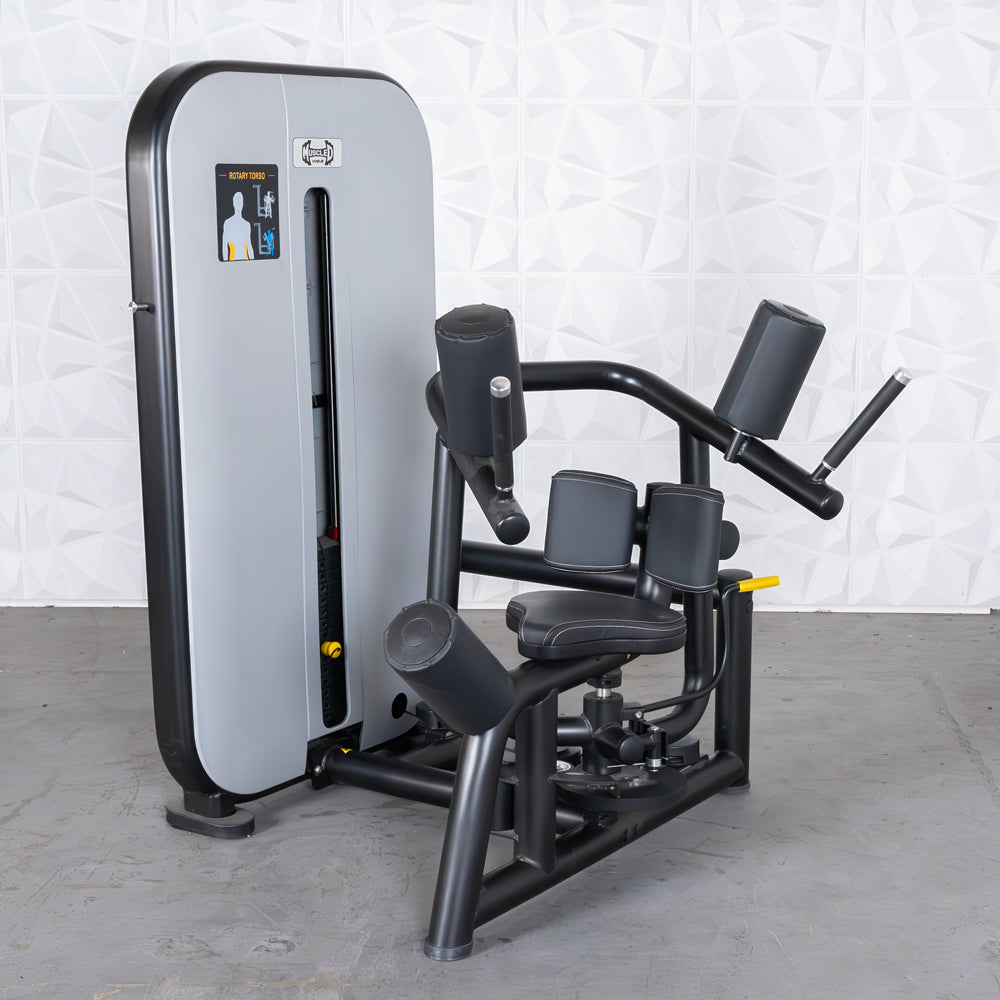 commercial grade black and white selectorized rotary torso machine