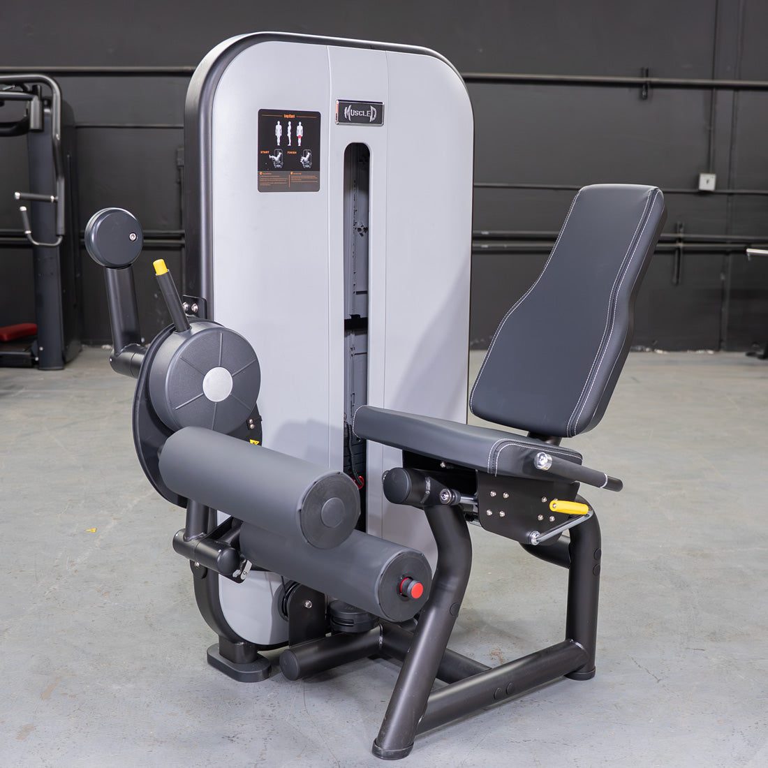 muscle d fitness commercial selectorized vogue black and light grey seated leg curl machine